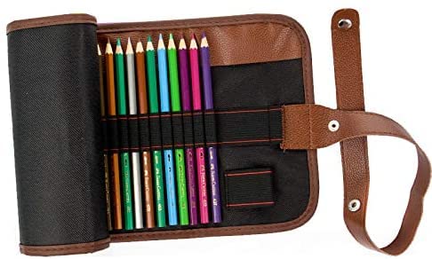 Image of Canvas Pencil Wrap Case, 48 Holes Colored Pencil Roll Holder Storage Pouch for Office (72 Holes, Brown)