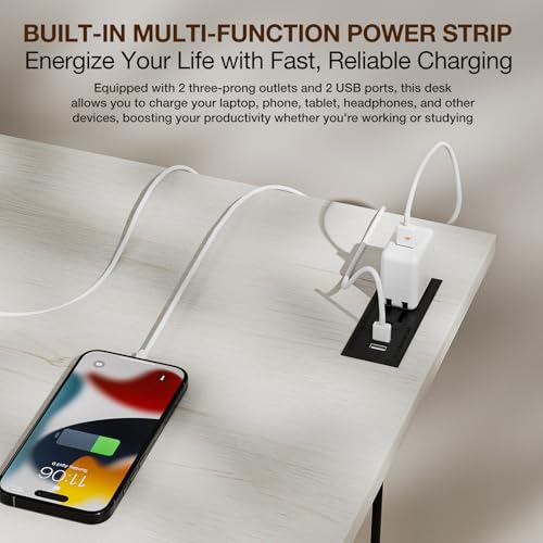 Image of TEMI Small Computer Desk Folding Table - No Assembly, Compact 43.3 inch Foldable Desk with Power Outlets & USB Charging Port, Portable Small Office Desk, Ideal Mini Study Table for Narrow Spaces,White Ash