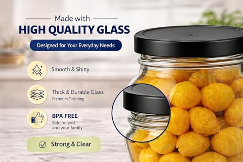 Image of Glass Kitchen Storage Jar Set of 6 (400 ml Each) with Airtight Metal Lid | Kitchen Containers for Spices, Dry Fruits, Pickle & Snacks | Clear Durable Food Grade Glass Jars
