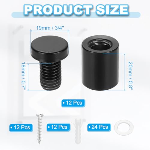 Image of PATIKIL 3 /4 inch x 1 inch Standoff Screws, 12 Pack Stainless Steel Wall Mount Sign Standoffs Mounting Hardware Advertising Nail for Hanging Acrylic Picture Frame, Black