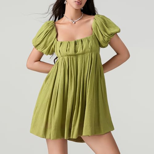 Image of Women Y2k Puff Sleeve Babydoll Dresses Square Neck Tie Back Mini Dress Summer Solid Off Shoulder Flowy Sundress