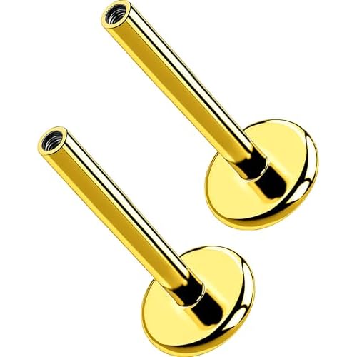 G23 Titanium Threadless & Internally Threaded Flat Back Stud Earrings – 20G 18G 16G Silver Gold Labret Post in 5mm–12mm for Nose Helix Tragus Cartilage Conch Lobe Medusa Piercing Jewelry 2pc