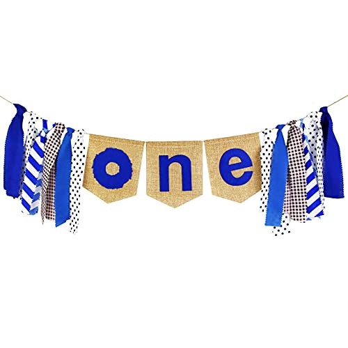 Ecore Fun 1st Birthday Party Decoration Supply Burlap High Chair ONE Banner for Baby Boy - Blue Theme