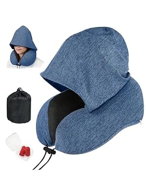 BAIKEA Travel Neck Pillow with Hood Memory Foam Sleeping Airplane Pillows Long Flight Neck Support Plane Essentials Blue