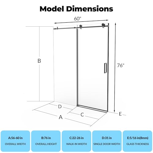 Image of Sliding Shower Door 56-60 inch Wx76 inch H, Stainless Steel Round Tube Track, 8mm Tempered Glass, One Fixed & One Sliding Panel, Matte Black Finish, Frameless Bathroom Door for Walk-in Shower
