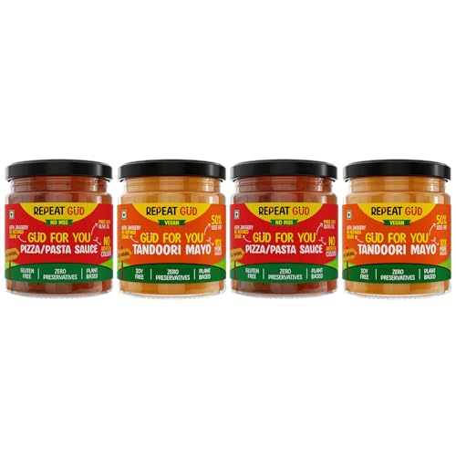 Image of REPEAT GUD Healthy Sauces (Tandoori Mayonnaise, Pizza Pasta Sauce) | No Refined Sugar, Made With Jaggery | No preservatives | GUD For Kids | 100% Natural Ingredients & Chemical free (Pack of 4)