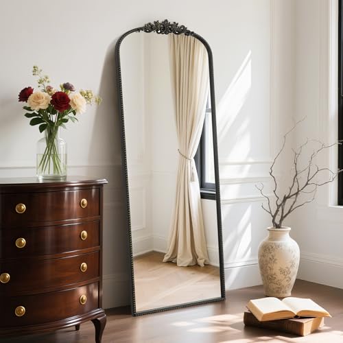 Image of WallBeyond Arched Full Length Mirror Wall Mounted, 21x56 Inch Black Antique Mirror, Vintage Metal Frame Full Body Mirro for Bedroom, Living Room, Hanging or Leaning