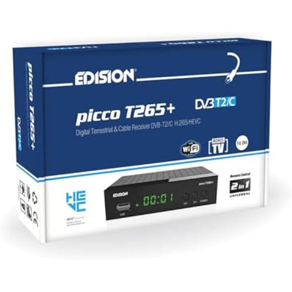 Dekoder dvb-t2 hevc EDISION PICCO T265+ naziemnej i kablowy Odbiornik, DVB-T2/C H.265, FTA, Full HD, PVR, USB, HDMI, SCART, S/PDIF, IR, Obsługa USB WiFi, Uniwersalny pilot 2w1