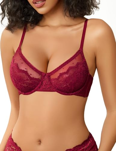 Image of Avidlove Lace Bras for Women Sheer Balconette Underwire Unlined Everyday Bras Lingerie