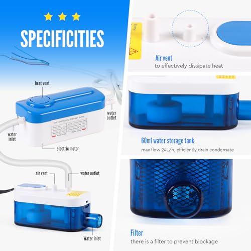 SWAWIS Split Kondensatpumpe für Klimaanlage, 21db Geräuscharme Kondenswasserpumpe mit 60ml Wassertank, Maximale Fördermenge 24L/h, Max Förderhöhe 10m, Kondensatentfernungspumpe für Klimageräte 8kW
