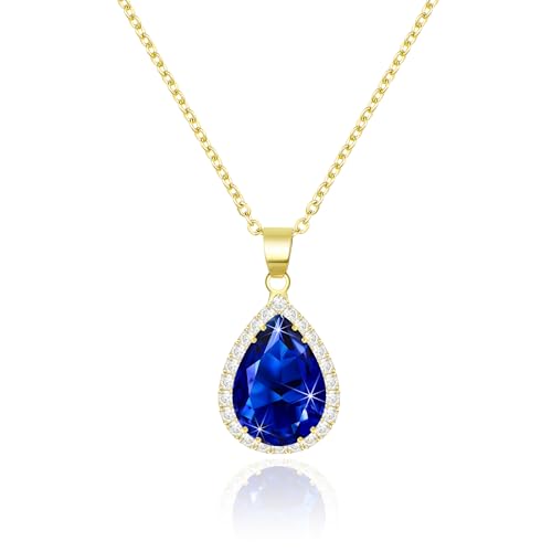 Linawe Collier à Chaîne avec Pendentif Bleu Saphir, Ensemble de Bijoux en Or pour Femmes, Chaîne en Cristal et Pierre de Naissance en Diamant