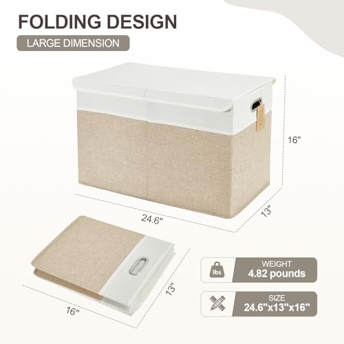 Image of Large Toy Storage Box with Lid, Collapsible Toys Storage Organizer Bins with Dividers and Handles, Storage Chest Bin for Kids, Boys, Girls, Nursery 25 inchx13 inch x16 inch (Beige & White)