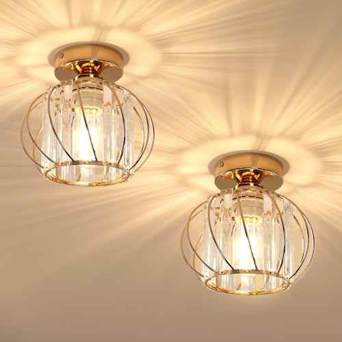 Pheashine Plafonnier Doré en Cristal, 2 Pièces Luminaires Plafond E27, Lustre en Cristal Moderne pour Entrée, Couloir, Chambre à Coucher, Cuisine