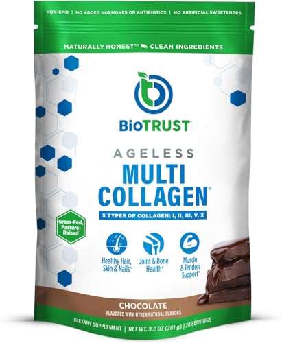 BioTrust Ageless Multi Collagen Peptides Powder 5 Types (I II III V X) Chocolate Collagen Powder for Women & Men Hydrolyzed Protein Grass Fed Beef Fish Chicken Eggshell Membrane