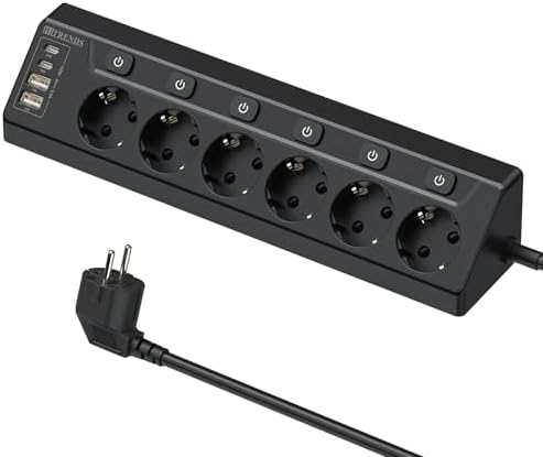 HITRENDS Ecksteckdose mit USB, 6 Fach Tischsteckdose Steckdosenleiste mit Schalter, Mehrfachsteckdose Ecke Steckerleiste mit 2 USB und 2 Type-C, 10 in 1 Überspannungsschutz mit 2M