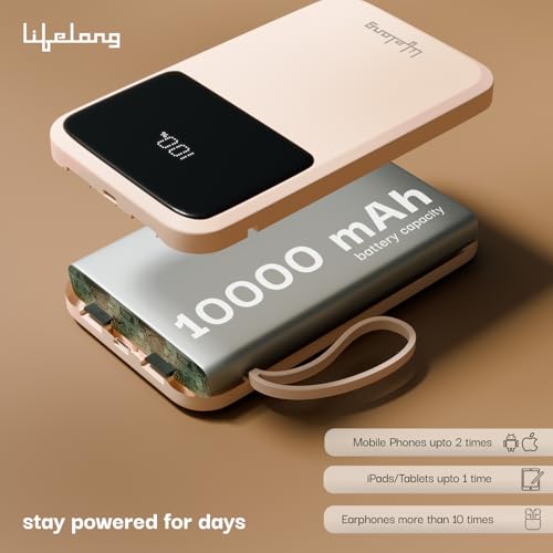 Image of Lifelong Electronics 10000mAh 22.5W Fast Charging Power Bank | 3 Inputs (1 Built-in USB A Cable + 1 C + 1 Lightning Port) & 6 Outputs (3 Built-in Cables + 1 C + 2 A Port) | Small Pocket Size Powerbank