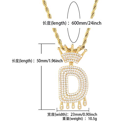 HECHUANG Micropave Simulated Diamond Iced Out Crowned Initial Dripping Letters Pendant with Rope Chain (Gold D, 30)