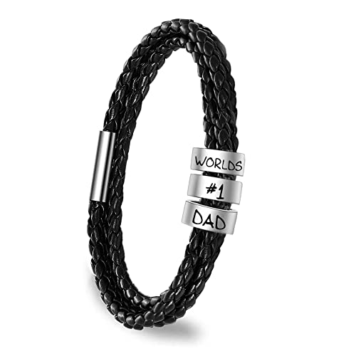 Tinyname Custom Mens Bracelet With 2-7 Engraved Beads Personalized Black Braided Leather Bracelets For Men Customized Gifts For Dad/Father/Boyfriend #TOP1