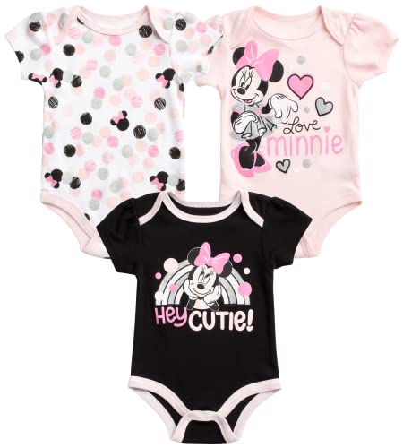 Image of Disney Baby Girls’ Minnie Mouse Bodysuit – 3 Pack Romper: Easy Diaper Change