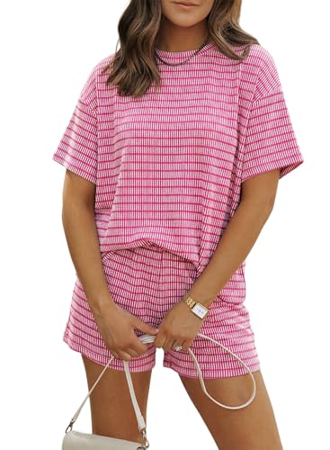 Image of MARZXIN Women 2 Piece Shorts Set 2026 Casual Summer Cruise Outfits Ribbed Loose Short Sleeve Pocket Matching Lounge Sets