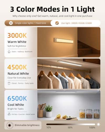Image of 3Pack-Under Cabinet Lighting Wireless, Rechargeable Battery Motion Sensor Light Indoor, LED Closet Lights USB Charging, 3 Color Dimmable Under Cabinet Lights for Kitchen, Cabinet, Wardrobe (14inch)