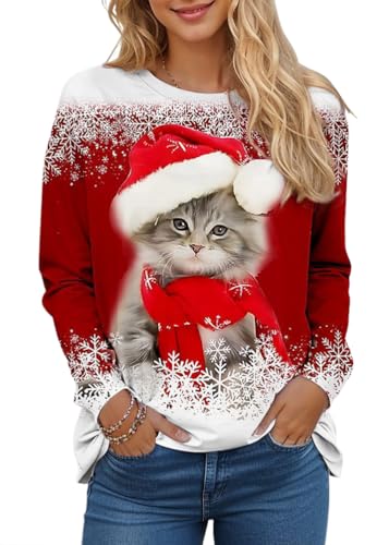 shownicer Weihnachtspullover Damen Langarmshirt Christmas Katze...