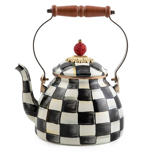 MACKENZIE-CHILDS Enamel Tea Kettle, Stylish Tea Kettle for Stovetop, Black-and-White Courtly Check,...