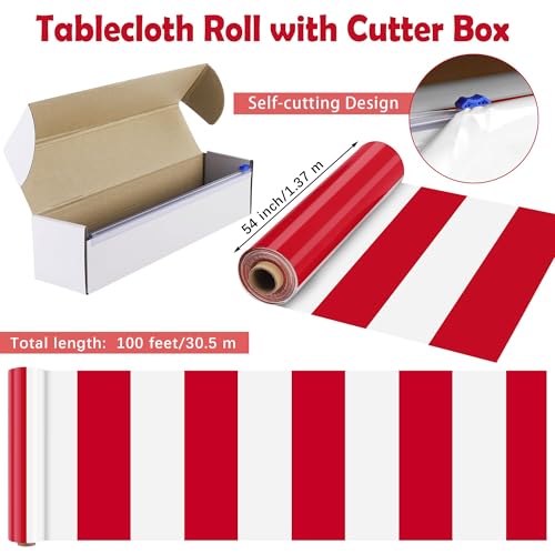 Image of Kochorie 100 Ft x 54 Inch Red & White Striped Tablecloth Roll with Cutter Box Disposable Carnival Circus Tablecloth Cut to Size Table Cover Backdrop for Carnival Party Table Stage Supplies
