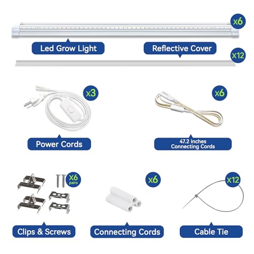Monios-L Led Grow Lights for Indoor Plants Full Spectrum,T8 2FT 144W(6x24W) High Output Growing Strips for Seedlings,Sunlight Replacement with Reflectors, 6-Pack