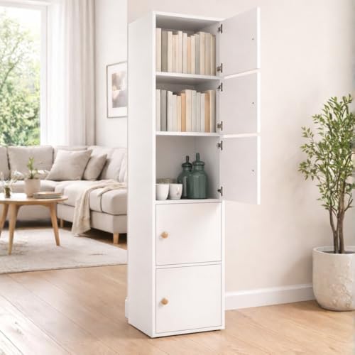 Image of Mevigo -Foldable Wooden Wardrobe for Bedroom | 5-Shelf Engineered Wood Storage Cabinet | Collapsible Cupboard Almirah for Clothes | Space Saving Wooden Wardrobe with Door -White