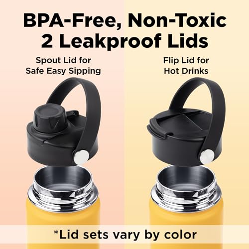 Image of ThermoProof Insulated Water Bottle - Stainless Steel, Wide Mouth, Flip & Spout Lids, Leakproof, Dishwasher Safe, Reusable - Keeps Drinks Hot or Cold - for Adults & Kids - 18oz, Amber
