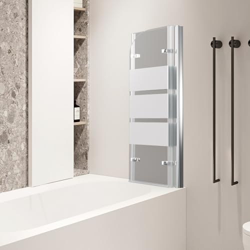 Fiqops Mampara de ducha para bañera, 120 x 140 cm, 3 piezas, plegable, con cristal templado de seguridad de 6 mm, diseño de rayas blancas, pared de bañera con accesorio de bañera