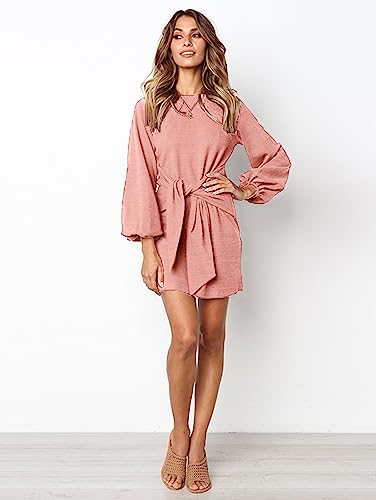 Image of PRETTYGARDEN Womens Spring Elegant Long Lantern Sleeve Short Dress Wedding Guest Crewneck Tie Waist Knit Cocktail Dresses