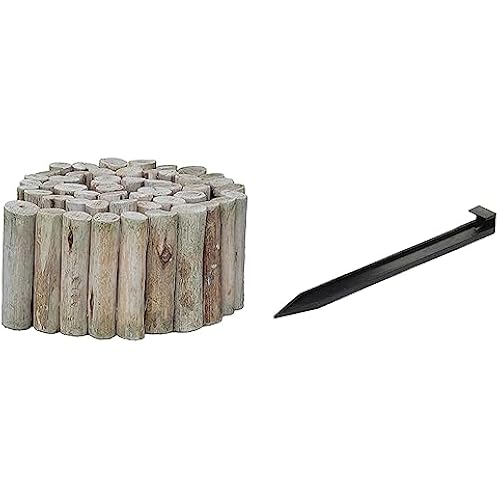 Backyard X-Scapes Natural Eucalyptus Wood Solid Log for Garden Edging Lawn Landscape Fence Borders 72 in L x 6 in H x 1.25 in D & EasyFlex 10 in. Landscape Anchoring Stake Pack - 10 Ct, Black