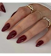 Dark Red Press on Nails Almond Fake Nails Short Almond False Nails Press ons with Designs Acrylic...