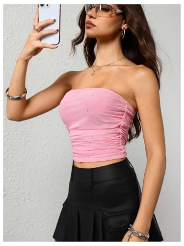 Image of Floerns Women's Rhinestone Sleeveless Bandeau Party Corset Strapless Tube Sequin Top