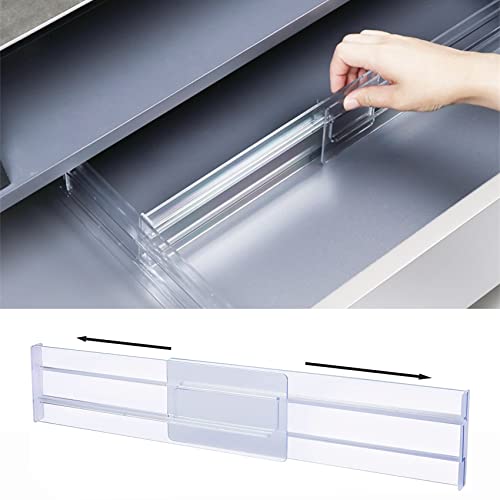 DINSONG Lot de 2 séparateurs de tiroir réglables en plastique pour bureau, organiseur de commode et dresser, séparateur de tiroir transparent (27,5-52 cm) Cover