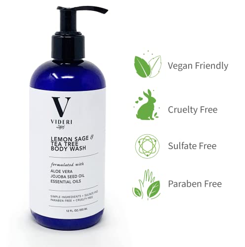 Videri Lemon Sage & Tea Tree Body Wash - Essential Oils, Aloe Vera & Jojoba - Antioxidant Rich, Gentle On Skin & Fresh Citrus Scent - Cruelty, Sulfate & Paraben Free, Vegan, Large 12 Fl Oz #TOP5