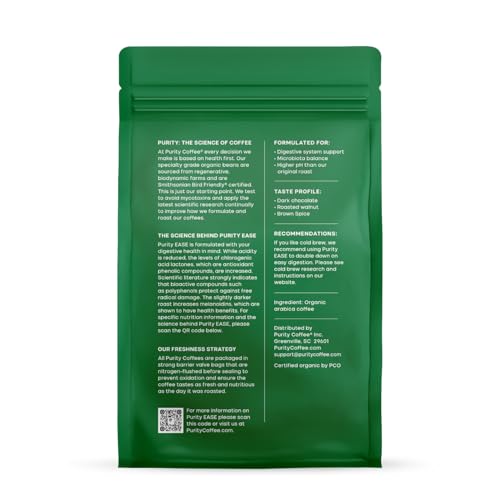 Purity Coffee EASE Low Acid Dark Roast Whole Bean (12oz Bag) | Specialty-Grade USDA Organic Arabica Blend | Third Party Tested for Mold, Mycotoxins & Pesticides