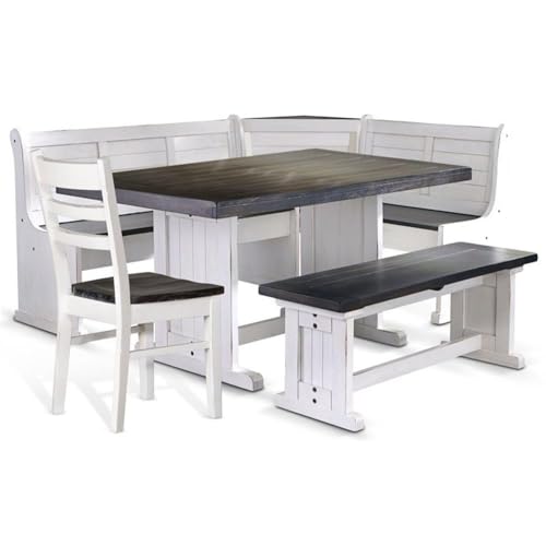 Pemberly Row 4-Piece Farmhouse Wood Breakfast Nook Set with Hidden Storage, Reversible Seating, Great for Small Spaces, in White & Brown Finish