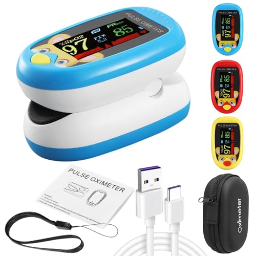 Pediatric Pulse Oximeter CE FCC Approved Heart Rate Stats Monitor Kids Finger Blood Oxygen Saturation Monitoring NHS Children SpO2 Levels TFT Lanyard & USB (Blue Kids Pulse Oximeter)