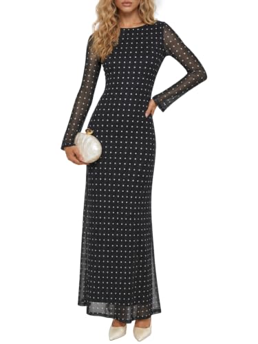 Wenrine Womens Long Sleeve Maxi Dress Floral Mesh Wedding Guest Dresses