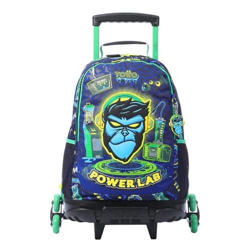 TOTTO - Mochila Escolar con Ruedas, Modelo Kong Lab L, Mochila Grande, Capacidad 25 L, 2 Compartimentos, 2 Bolsillos Botella, Protección en la Base, Sistema de 3 Ruedas, Correas Ajustables, Color Azul