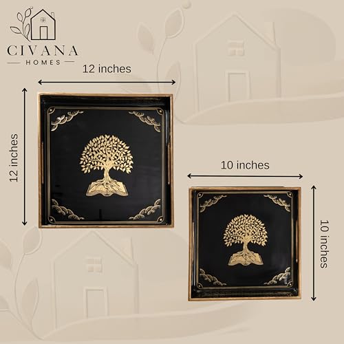 Image of Wooden Serving Tray with Gold Engraving | Set of 2 | Size : 12 x 12 inch & 10 x 10 inch | Enamel Coated Waterproof | Square Trays | Decorative Trays (Tree of Life)