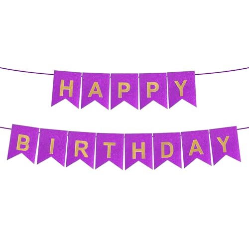 Image of Purple Happy Birthday Banner - 16 ft Pre-Strung Gold Purple Birthday Party Decorations Sign for Girls, Boys, Kids, Women - No DIY Hanging Backdrop for Indoor & Outdoor Celebrations