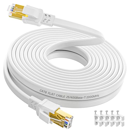 Soibke Ethernet Cable 8m, High Speed Cat 8 Flat LAN Internet Cable FTP Shielded RJ45 Gigabit 40Gbps 2000MHz, Network Cable 8 Meter White Patch Cord for Router Modem
