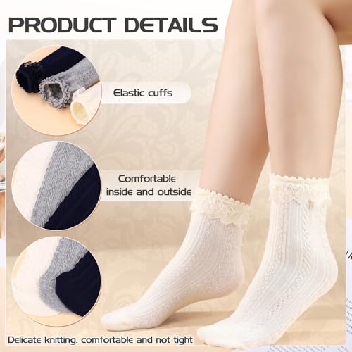 Jspupifip Womens Lace Crew Socks Ruffle Frilly Cotton Cute Princess Ankle Dress Lace Socks for Women Girls 5 Pack — view 3
