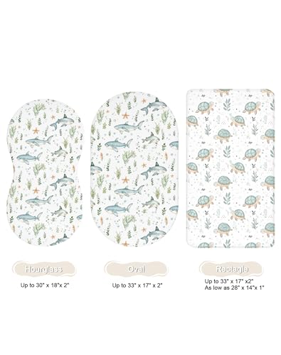 Image of Bassinet Sheets for Baby Girls Boys 2 Pack, Fitted Baby Mattress Sheet for Rectangle, Oval, Hourglass Bassinet Mattress, Breathable Cozy & Universal Fit (Turtle & Shark, Bassinet Sheet)