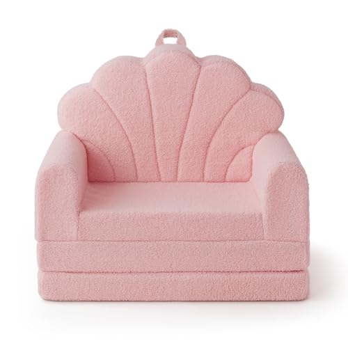Blissful Diary Kids Couch, 2-in-1 Soft Fold Out Toddler Couch, Convertible Kids Sofa Chair, Comfy Kids Furniture for Playroom, Reading & Play, Pink Shell