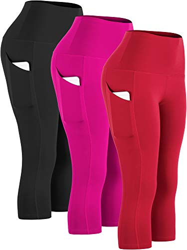 CADMUS Womens High Waist Workout Legging Capris for Yoga w Side Pockets,1109,Black & Rose Red & Red,XX-Large